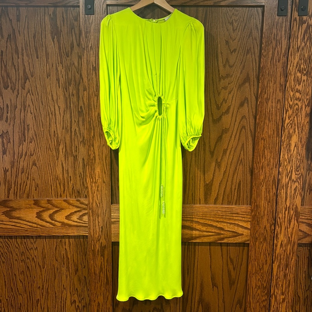 FARM Rio Neon Lime Green Twist-Front Midi Dress